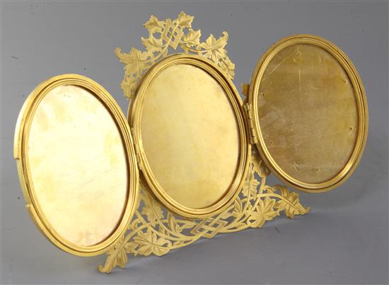 A Victorian agate inset ormolu triptych photograph frame, height 9in.